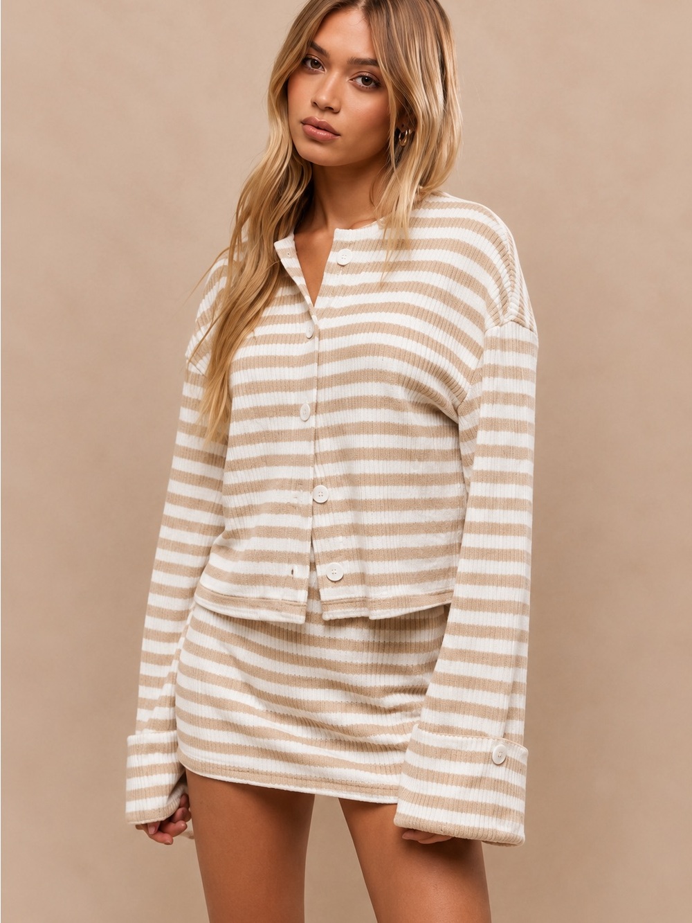 Missguided Beige and White Striped Knit Skirt Set